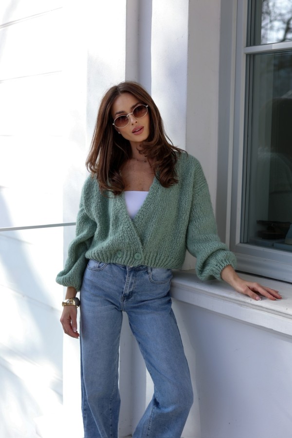 Krótki damski kardigan Lisa z moherem i wełną szałwiowy