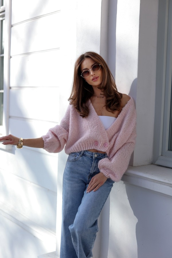 Krótki damski kardigan Lisa z moherem i wełną baby pink
