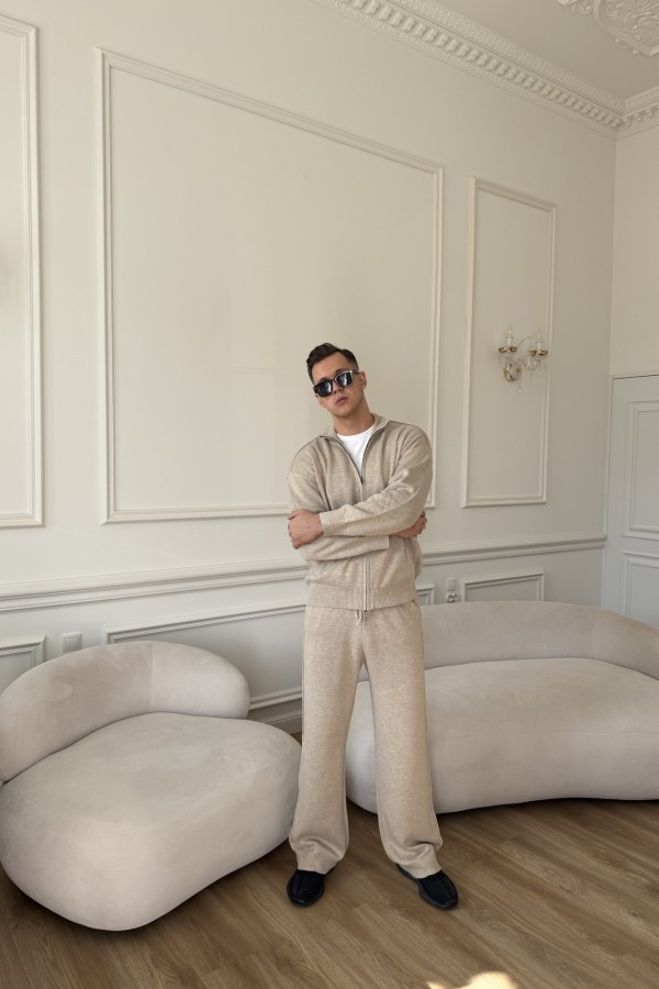 Komplet męski dzianinowy z bluzą na zamek beżowy