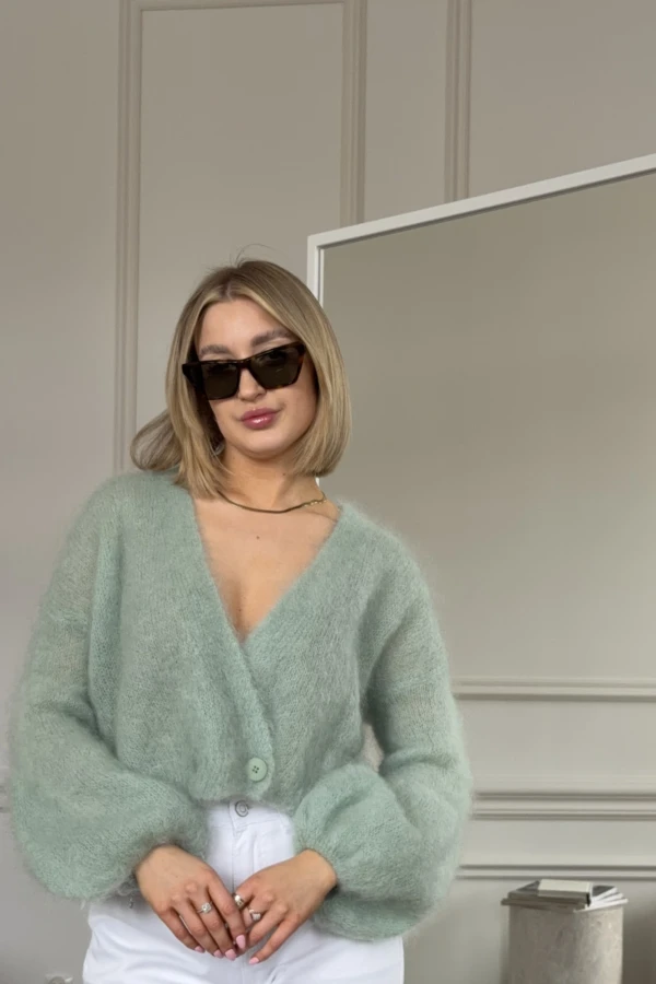 Krótki damski kardigan Lisa 81% kid mohair szałwiowy